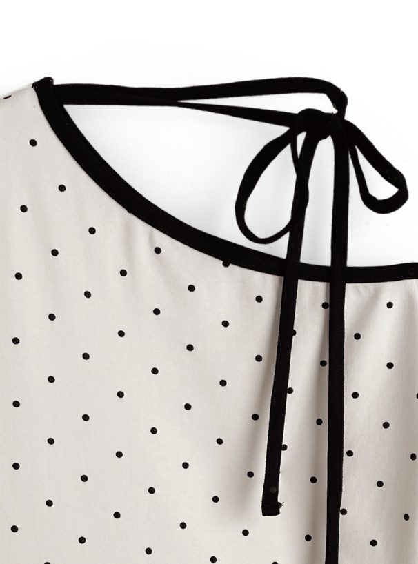 ドット柄配色ネックリボンワンショルダートップス
