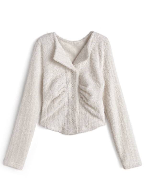 オープンカラーフロントギャザーシャギートップス