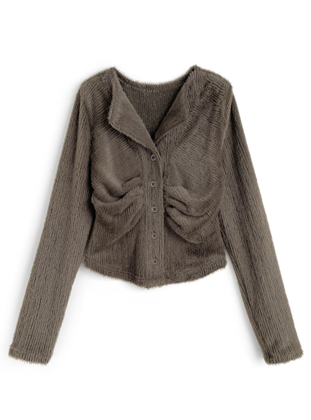 オープンカラーフロントギャザーシャギートップス