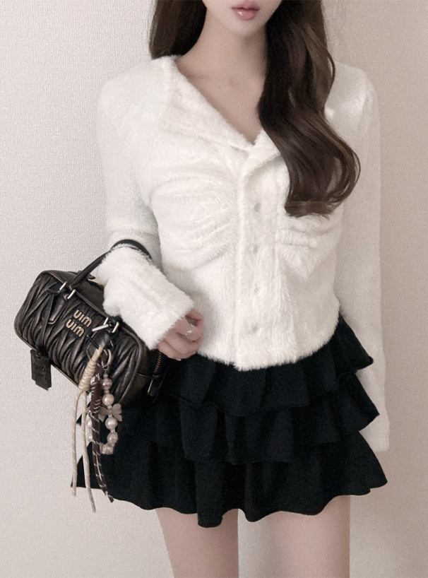 オープンカラーフロントギャザーシャギートップス