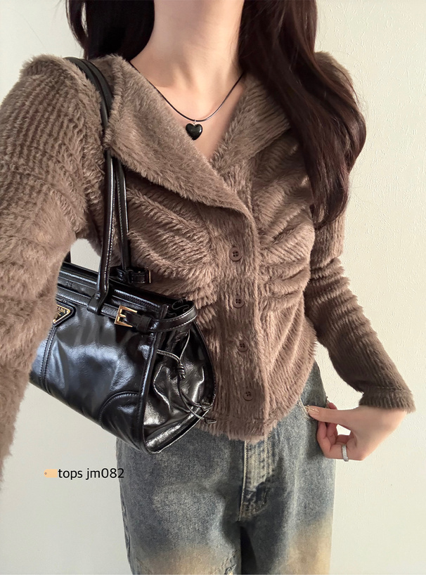 オープンカラーフロントギャザーシャギートップス