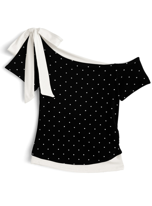 ドット柄レイヤード風ワンショルダーリボントップス