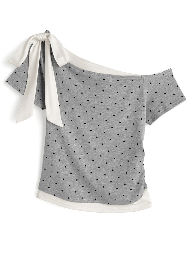 ドット柄レイヤード風ワンショルダーリボントップス