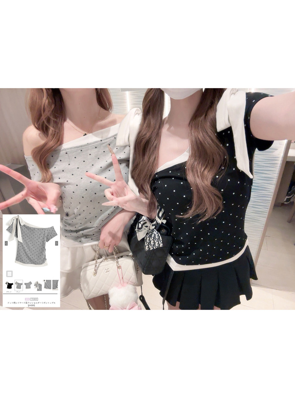 ドット柄レイヤード風ワンショルダーリボントップス