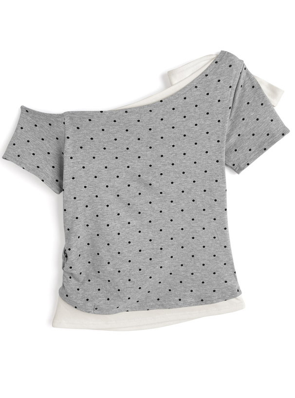 ドット柄レイヤード風ワンショルダーリボントップス