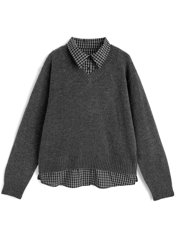 チェック柄シャツレイヤード風ニットトップス