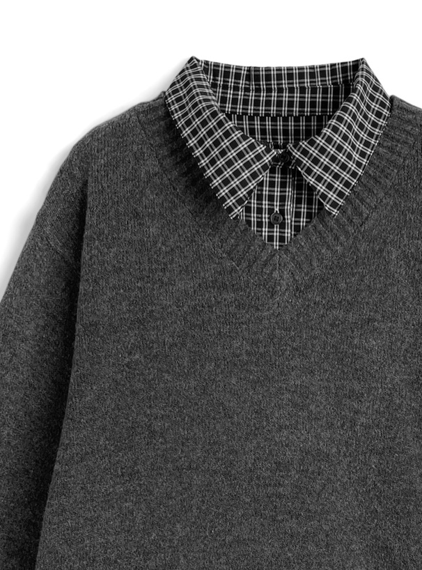チェック柄シャツレイヤード風ニットトップス