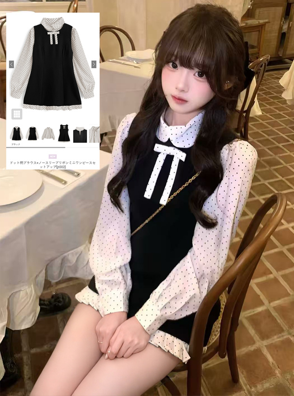 ドット柄ブラウス×ノースリーブリボンミニワンピースセットアップ