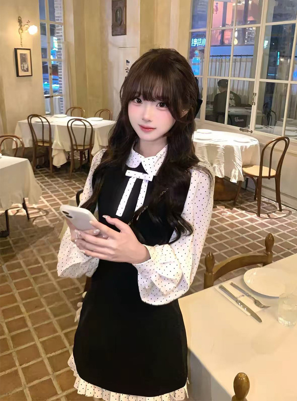 ドット柄ブラウス×ノースリーブリボンミニワンピースセットアップ