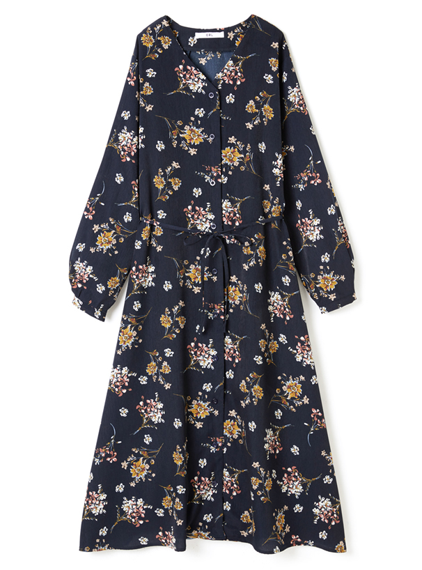 ウエストリボン付き花柄シャツワンピース
