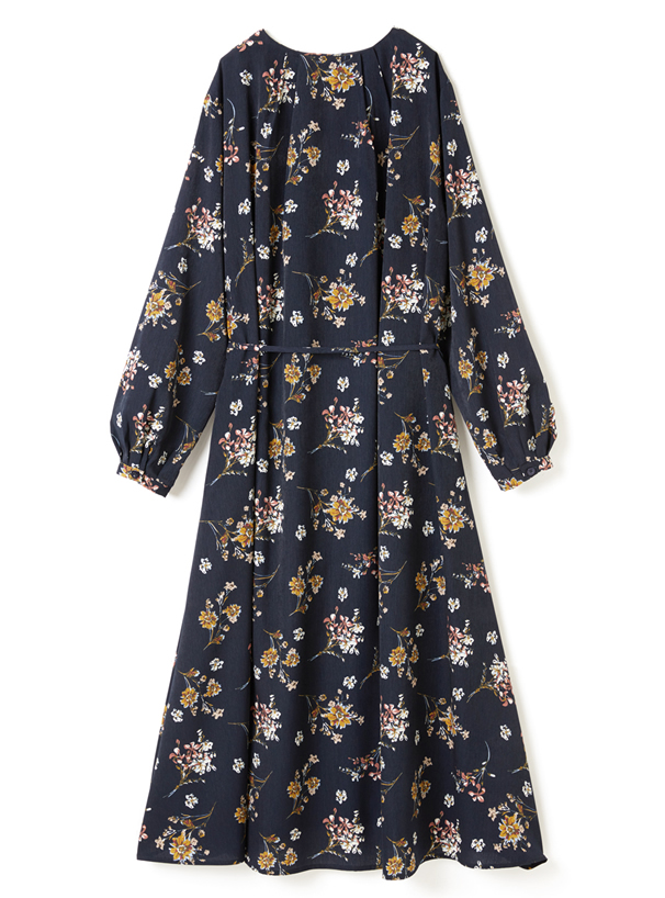 ウエストリボン付き花柄シャツワンピース