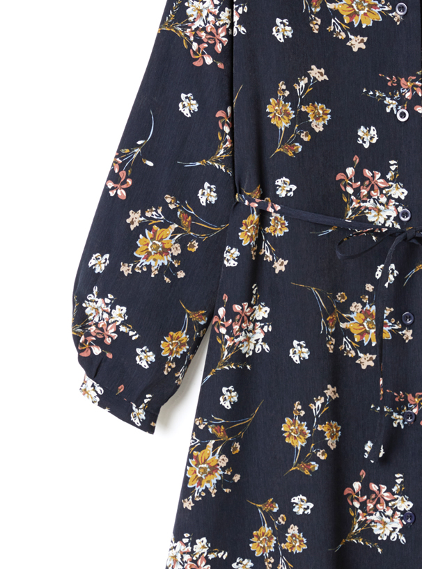 ウエストリボン付き花柄シャツワンピース