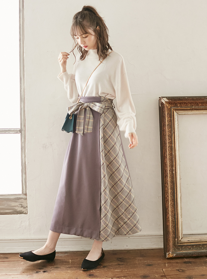 リボンベルト付きチェック切り替えスカート