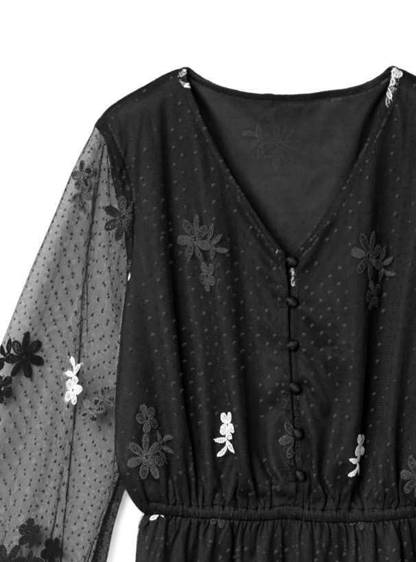 ドットXフラワー刺繍チュールワンピース