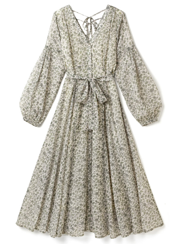 バックリボンマルチパネル花柄ワンピース
