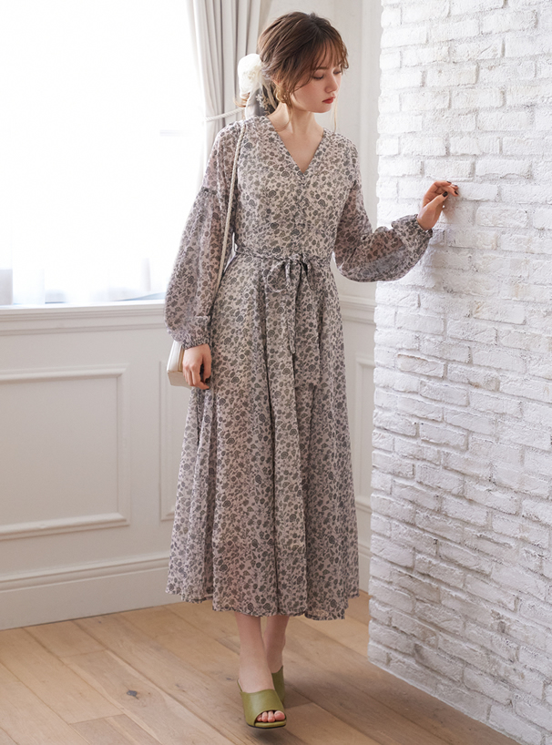 バックリボンマルチパネル花柄ワンピース