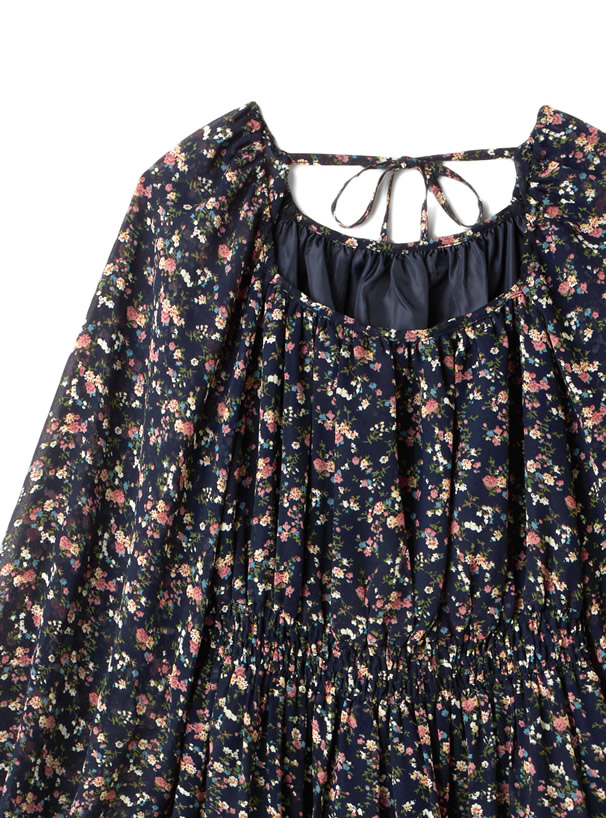 小花柄バックリボンティアードワンピース