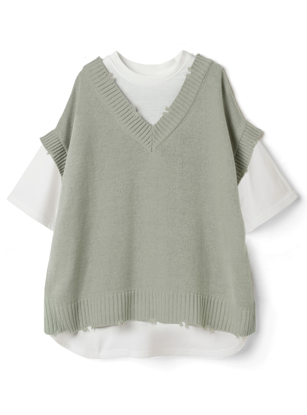 バックボタンニットベストドッキングTシャツ
