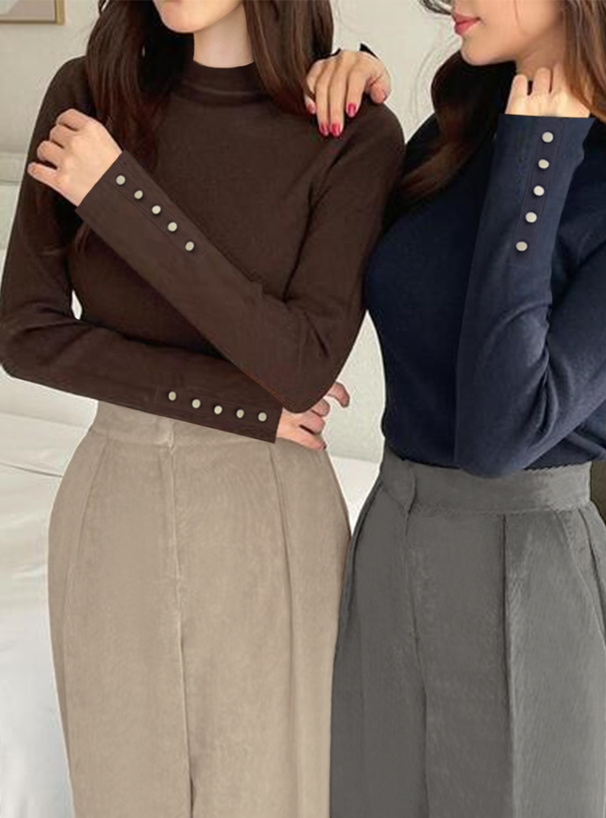 クルーネック袖ボタンリブニットトップス