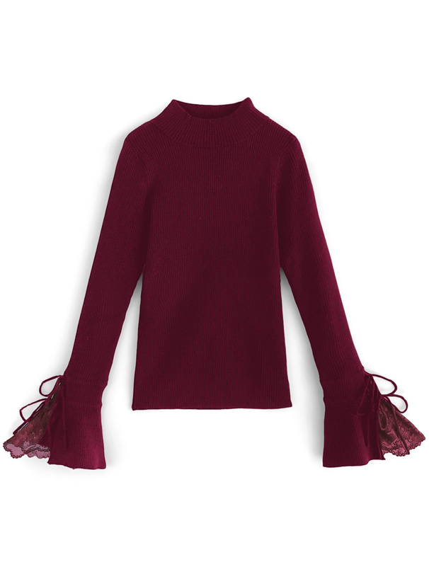 レーススリーブリボンリブニットトップス