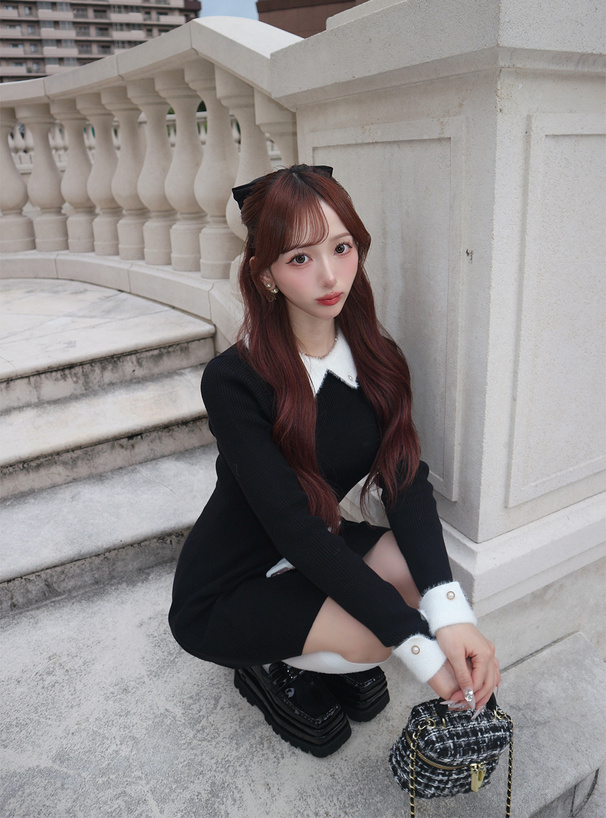 シャギーカラーリブニットワンピース