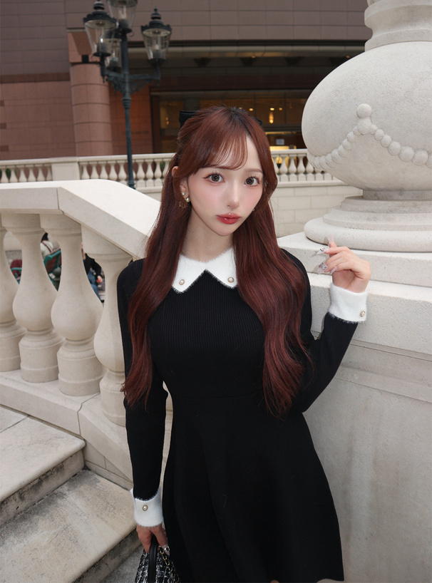 シャギーカラーリブニットワンピース