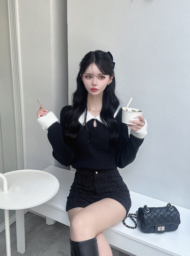 フェザーカラーリブニットトップス