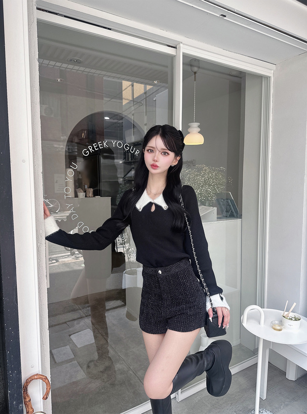 フェザーカラーリブニットトップス