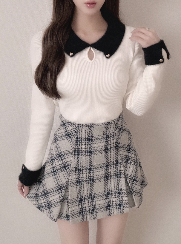 フェザーカラーリブニットトップス