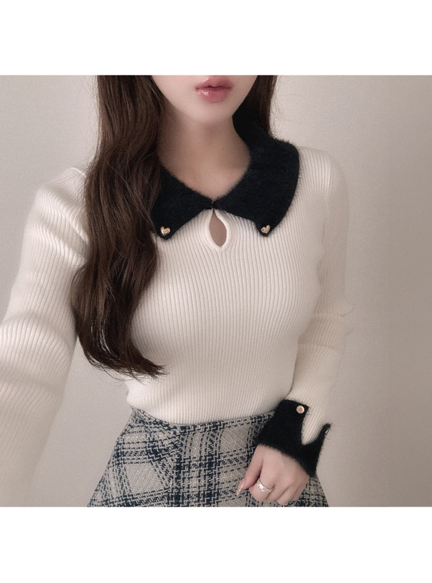 フェザーカラーリブニットトップス