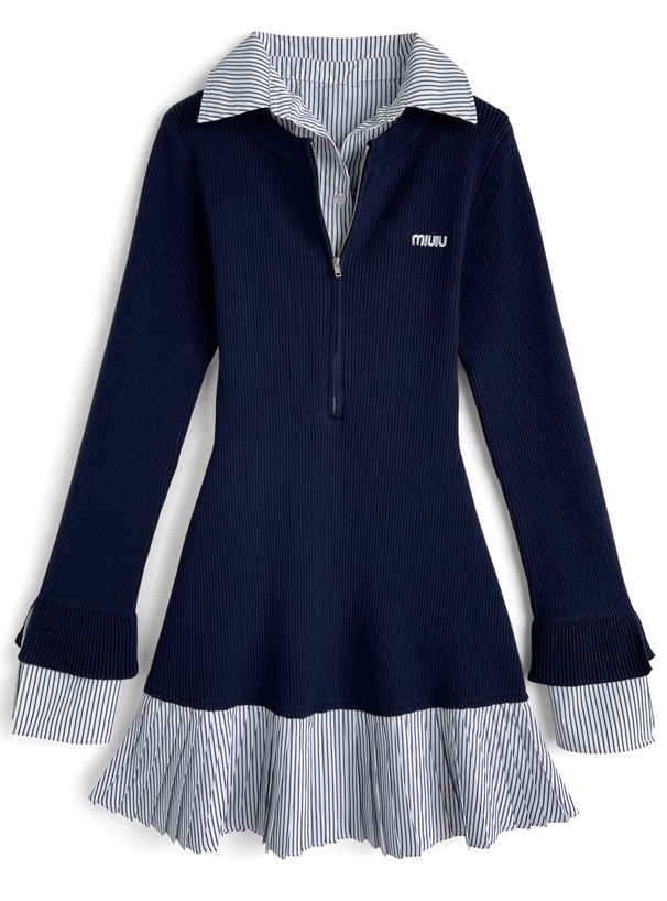 ストライプ柄シャツドッキングニットミニワンピース