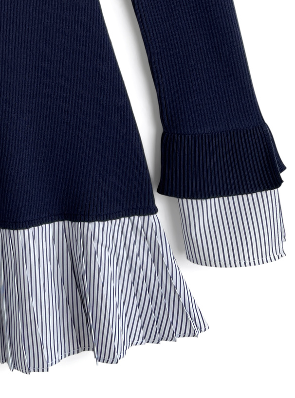 ストライプ柄シャツドッキングニットミニワンピース