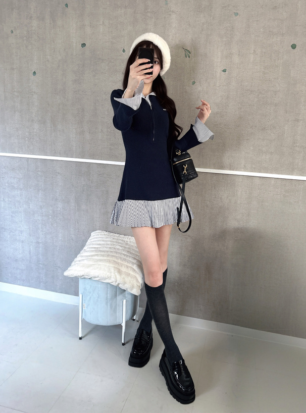 ストライプ柄シャツドッキングニットミニワンピース[k9392i