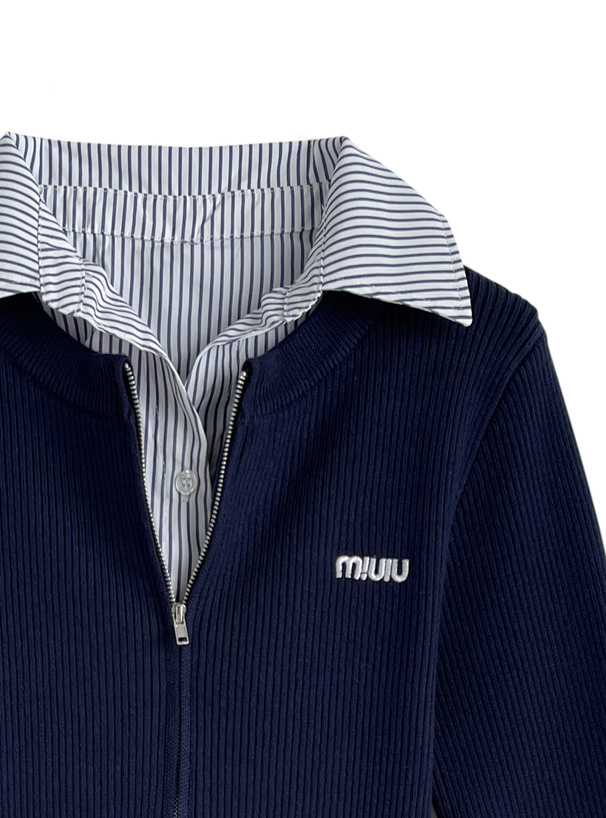 ストライプ柄シャツドッキングニットミニワンピース