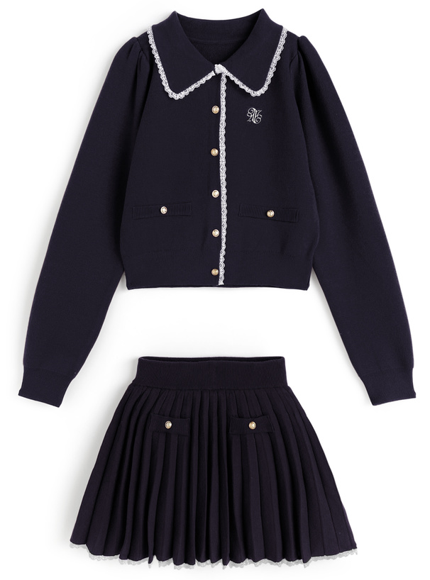 レースニットカーディガン×インパン裏地付きプリーツスカート