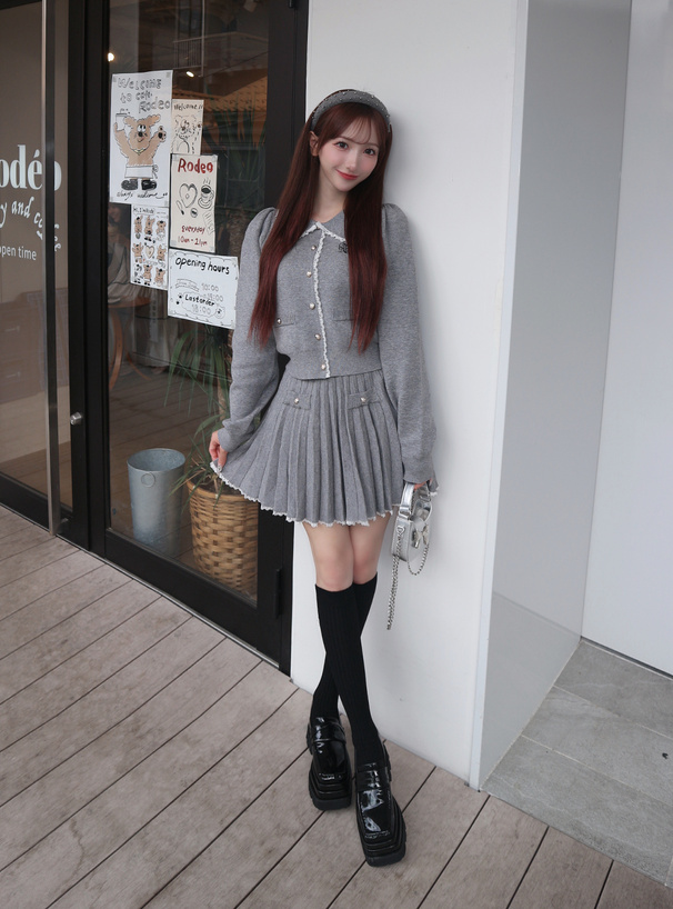 レースニットカーディガン×インパン裏地付きプリーツスカートセットアップ