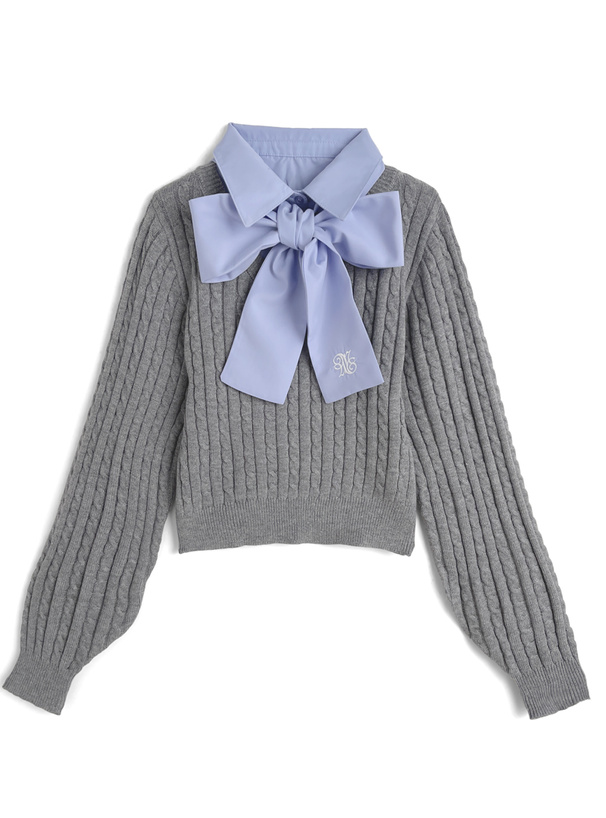 リボン付き2Wayレイヤード風ケーブルニットトップス