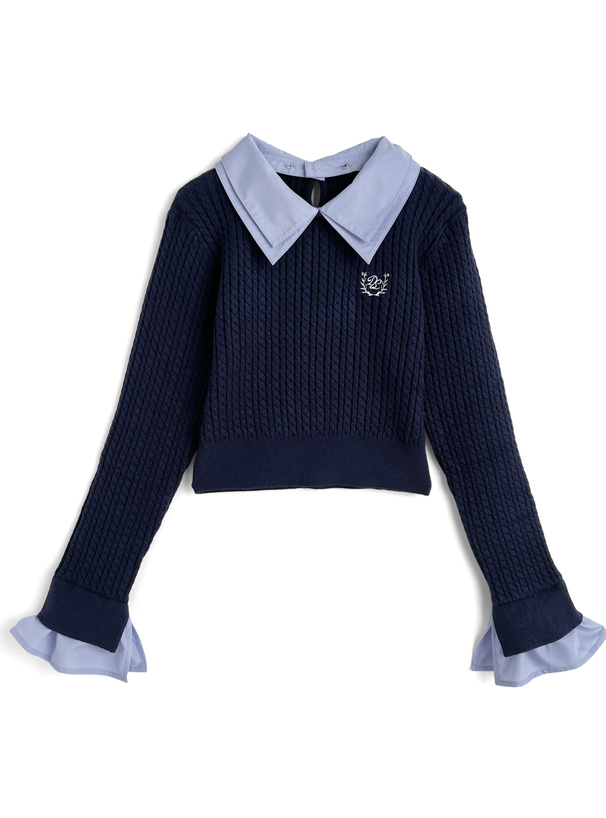 2Wayダブルカラーケーブル編みニットトップス