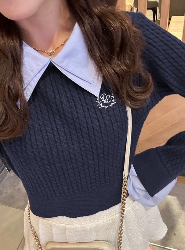 2Wayダブルカラーケーブル編みニットトップス