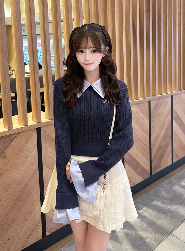 2Wayダブルカラーケーブル編みニットトップス