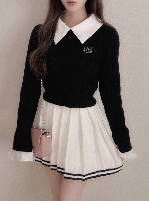 2Wayダブルカラーケーブル編みニットトップス