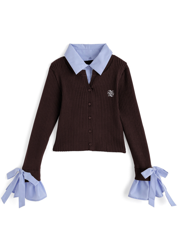 襟2Wayリボンスリーブシャツレイヤード風ニットカーディガン[k9397i]