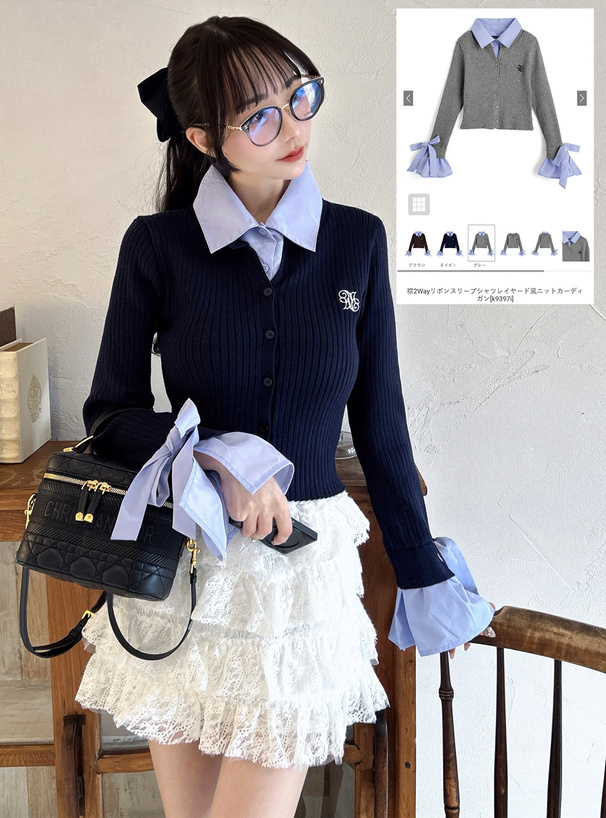 襟2Wayリボンスリーブシャツレイヤード風ニットカーディガン