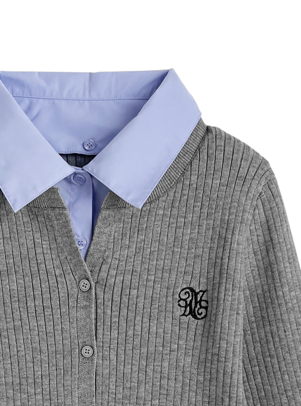 襟2Wayリボンスリーブシャツレイヤード風ニットカーディガン