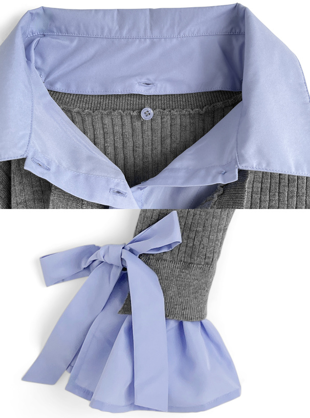 襟2Wayリボンスリーブシャツレイヤード風ニットカーディガン