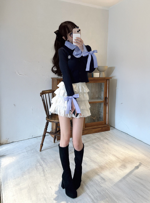 襟2Wayリボンスリーブシャツレイヤード風ニットカーディガン