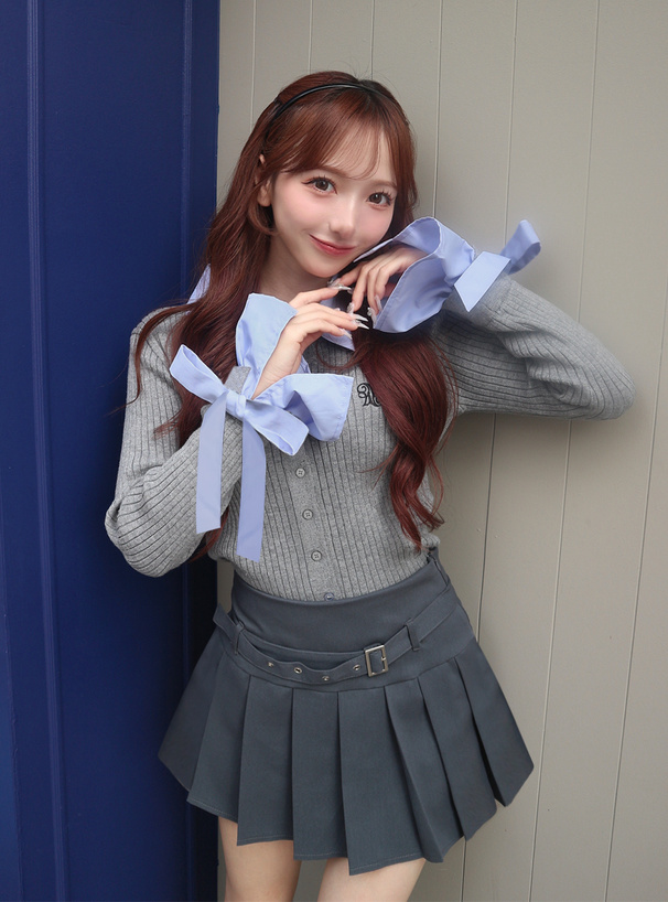 襟2Wayリボンスリーブシャツレイヤード風ニットカーディガン