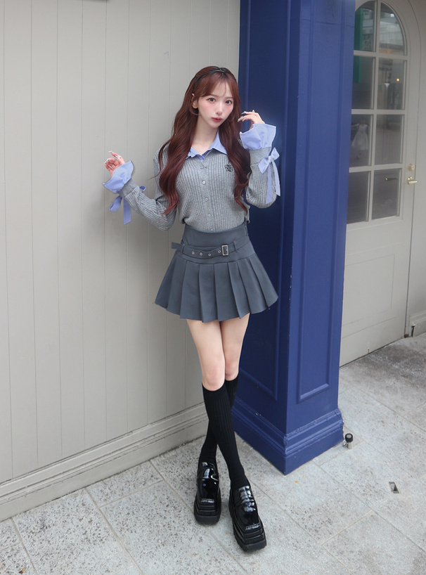 襟2Wayリボンスリーブシャツレイヤード風ニットカーディガン