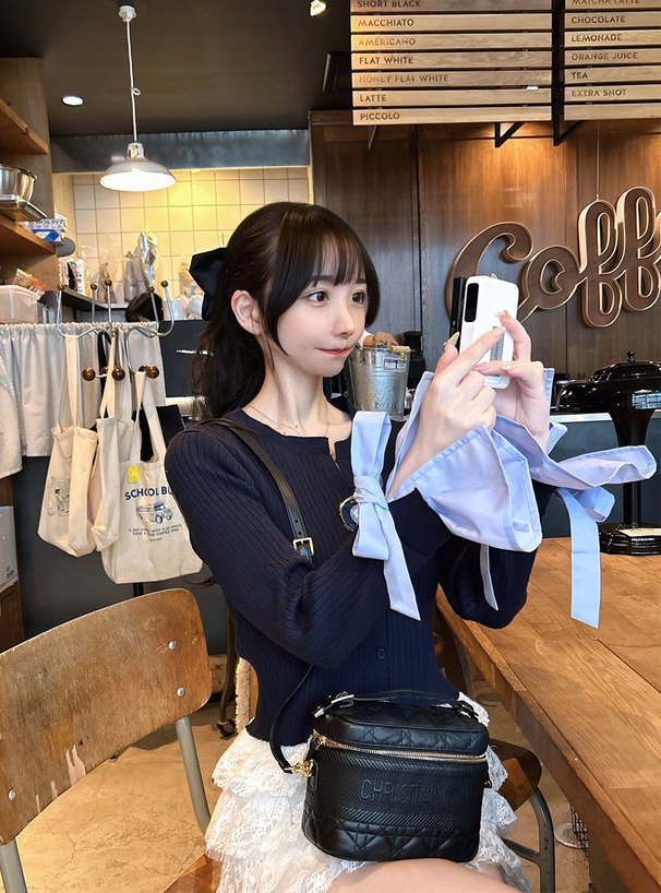 襟2Wayリボンスリーブシャツレイヤード風ニットカーディガン