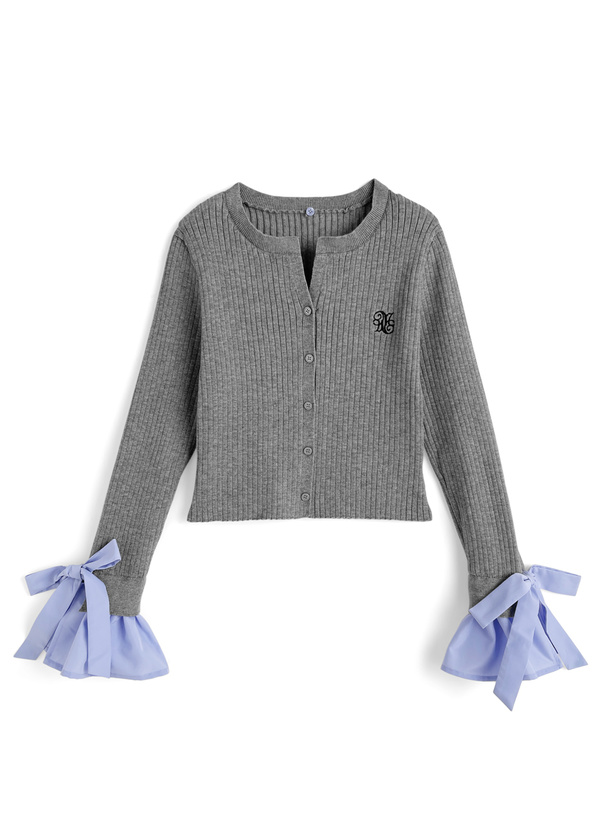 襟2Wayリボンスリーブシャツレイヤード風ニットカーディガン